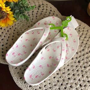 CROCS White Flip Flop Sandals with Pink Flamingo Print